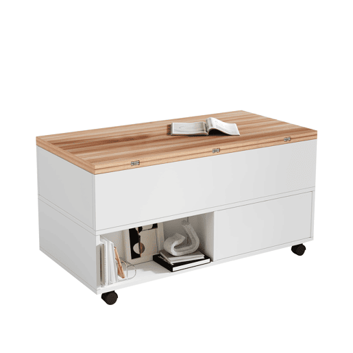 Mesa de centro 100 x 50 x 52 cm - com 4 rodas, 4 gavetas, elevável, multifuncional - Branco + Madeira Mesa de centro 100 x 50 x 52 cm - com 4 rodas, 4 gavetas, elevável, multifuncional - Branco + Madeira