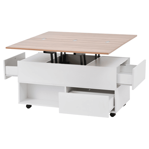 Mesa de centro 100 x 50 x 52 cm - com 4 rodas, 4 gavetas, elevável, multifuncional - Branco + Madeira Mesa de centro 100 x 50 x 52 cm - com 4 rodas, 4 gavetas, elevável, multifuncional - Branco + Madeira