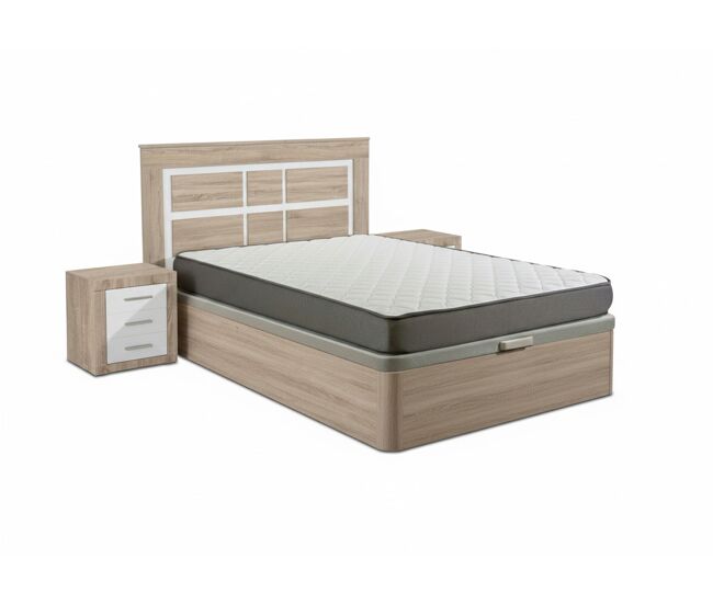 Pack cama canape, cambria, 150cm + colchón + cabecero y 2 mesitas de noche, cambria y blanco