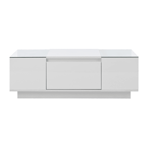 Mesa de centro moderna 105 cm - com arrumação, iluminação LED, 2 gavetas, vidro - Branco