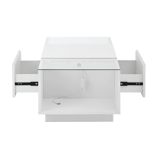Mesa de centro moderna 105 cm - com arrumação, iluminação LED, 2 gavetas, vidro - Branco