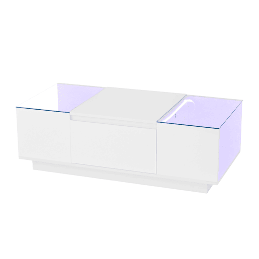 Mesa de centro moderna 105 cm - com arrumação, iluminação LED, 2 gavetas, vidro - Branco