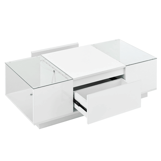 Mesa de centro moderna 105 cm - com arrumação, iluminação LED, 2 gavetas, vidro - Branco