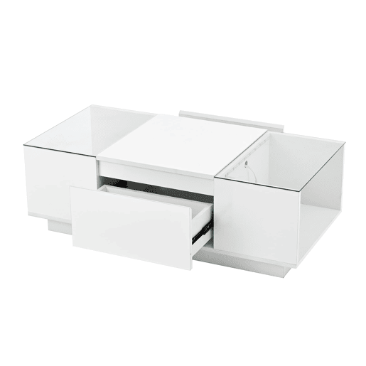 Mesa de centro moderna 105 cm - com arrumação, iluminação LED, 2 gavetas, vidro - Branco