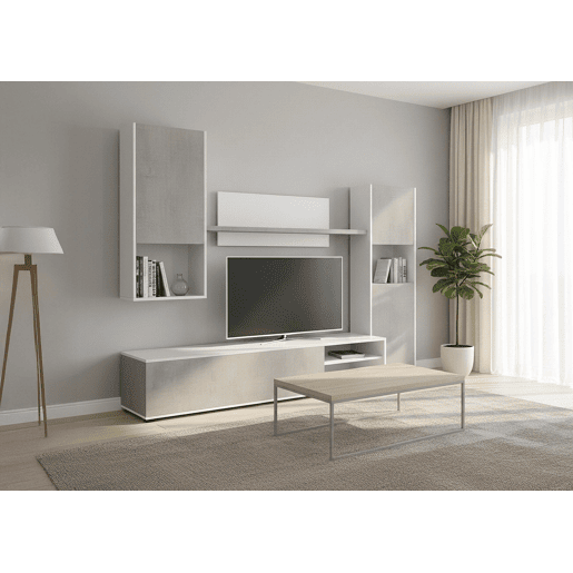 Conjunto de Móveis de Sala de Estar Yuri, Branco e Cimento 220x160cm Conjunto de Móveis de Sala de Estar Yuri, Branco e Cimento 220x160cm