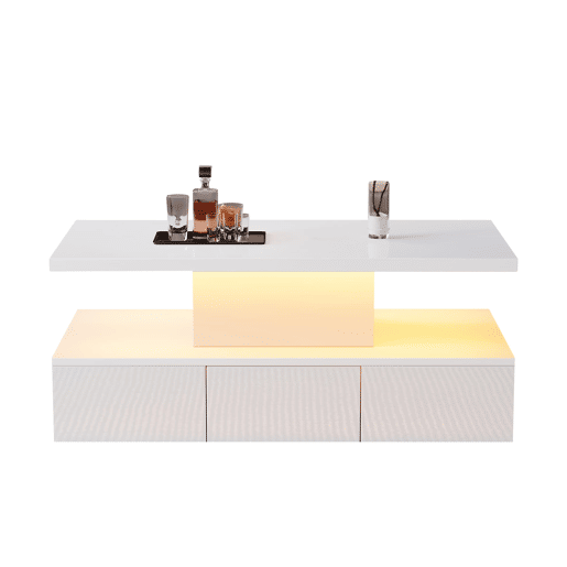 Mesa de centro com 2 níveis - Com luz LED de 16 cores - Sofá com prateleira aberta e 1 gaveta deslizante - Branco