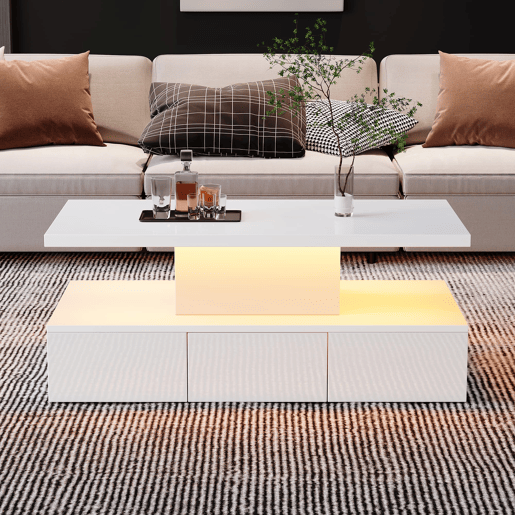 Mesa de centro com 2 níveis - Com luz LED de 16 cores - Sofá com prateleira aberta e 1 gaveta deslizante - Branco