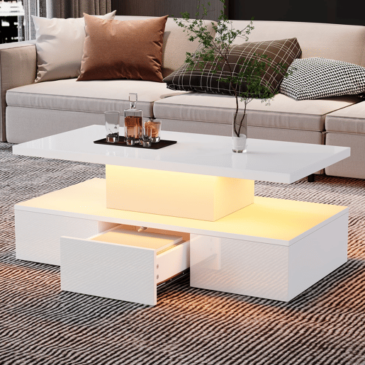 Mesa de centro com 2 níveis - Com luz LED de 16 cores - Sofá com prateleira aberta e 1 gaveta deslizante - Branco
