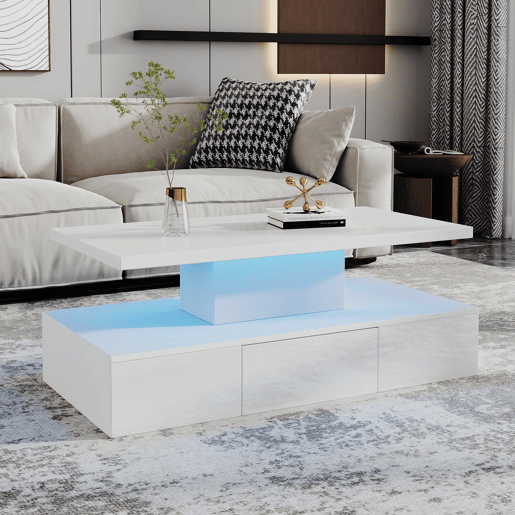 Mesa de centro com 2 níveis - Com luz LED de 16 cores - Sofá com prateleira aberta e 1 gaveta deslizante - Branco