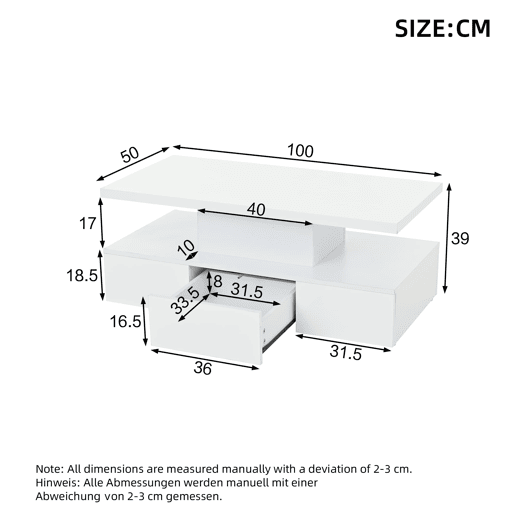 Mesa de centro com 2 níveis - Com luz LED de 16 cores - Sofá com prateleira aberta e 1 gaveta deslizante - Branco