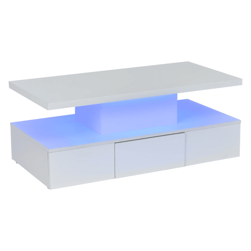 Mesa de centro com 2 níveis - Com luz LED de 16 cores - Sofá com prateleira aberta e 1 gaveta deslizante - Branco