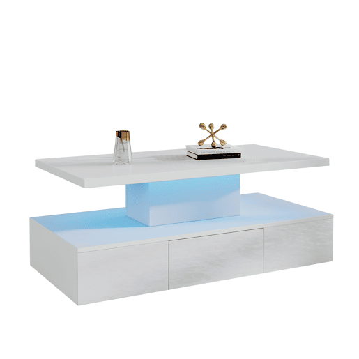 Mesa de centro com 2 níveis - Com luz LED de 16 cores - Sofá com prateleira aberta e 1 gaveta deslizante - Branco