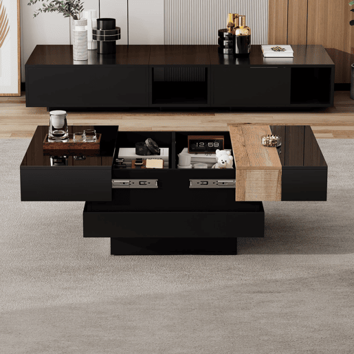 Mesa de centro quadrada 70x70x39 cm - Mesa extensível com arrumação oculta - Preto Mesa de centro quadrada 70x70x39 cm - Mesa extensível com arrumação oculta - Preto