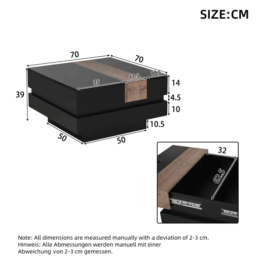 Mesa de centro quadrada 70x70x39 cm - Mesa extensível com arrumação oculta - Preto Mesa de centro quadrada 70x70x39 cm - Mesa extensível com arrumação oculta - Preto