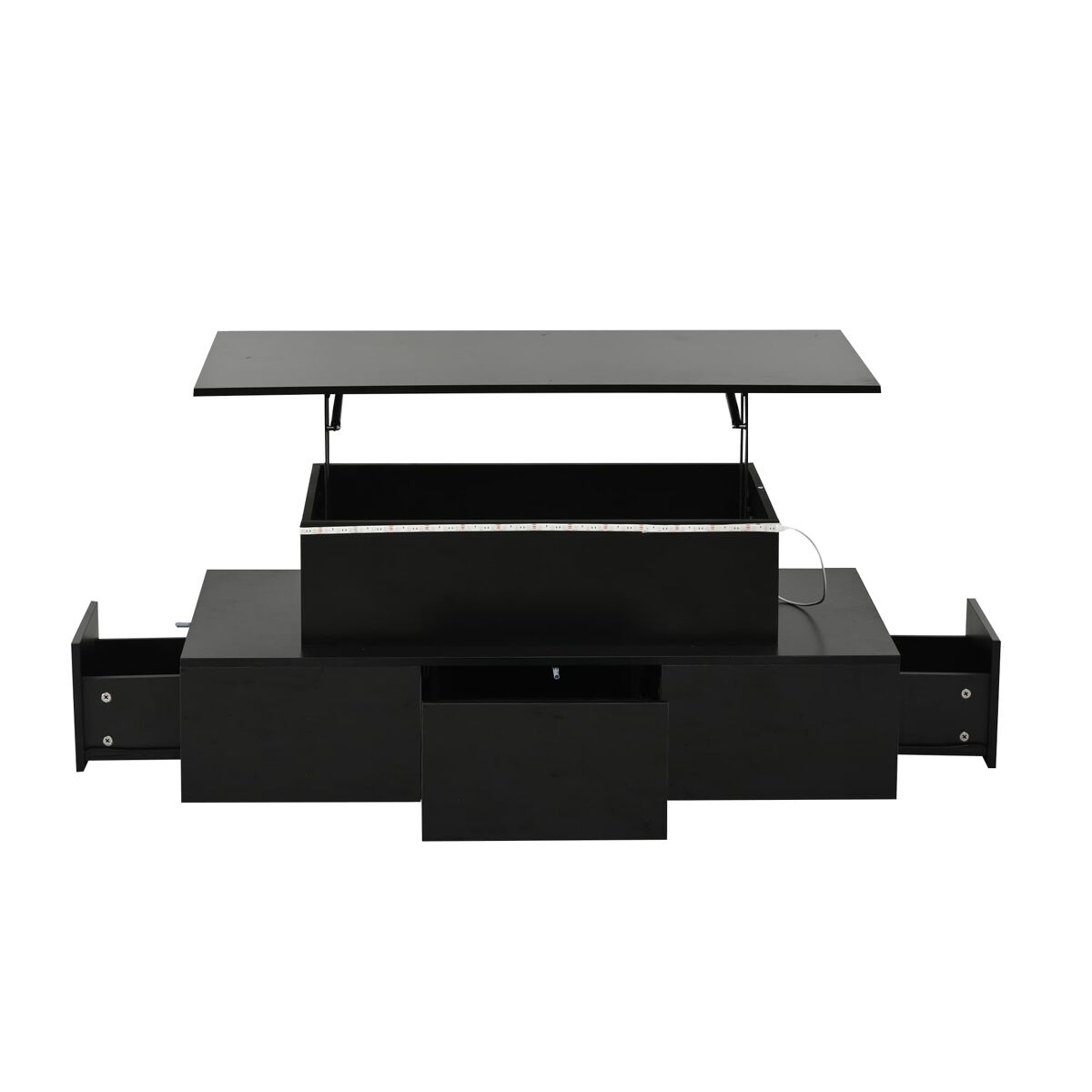 mesa de centro elevable 100x50x40 cm - 4 cajones con led con almacenamiento negro