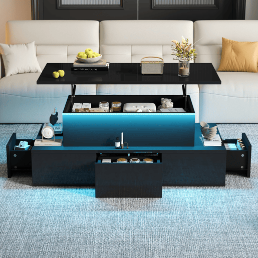 Mesa de centro elevável 100x50x40 cm - 4 gavetas, com LED, com arrumação, Preto Mesa de centro elevável 100x50x40 cm - 4 gavetas, com LED, com arrumação, Preto