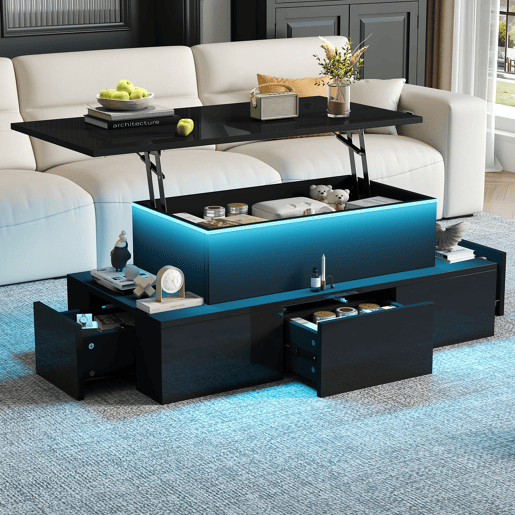 Mesa de centro elevável 100x50x40 cm - 4 gavetas, com LED, com arrumação, Preto Mesa de centro elevável 100x50x40 cm - 4 gavetas, com LED, com arrumação, Preto