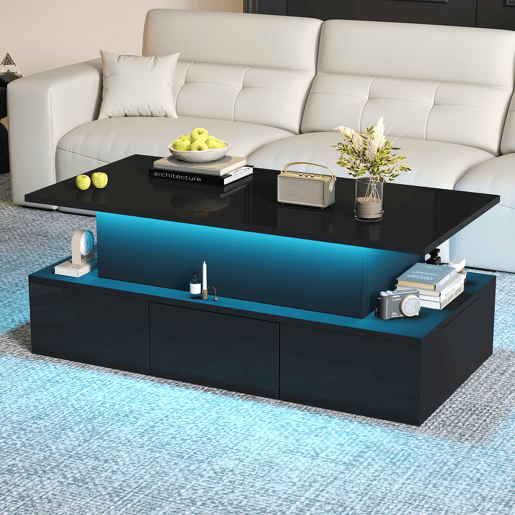 Mesa de centro elevável 100x50x40 cm - 4 gavetas, com LED, com arrumação, Preto Mesa de centro elevável 100x50x40 cm - 4 gavetas, com LED, com arrumação, Preto