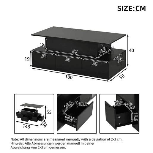 Mesa de centro elevável 100x50x40 cm - 4 gavetas, com LED, com arrumação, Preto Mesa de centro elevável 100x50x40 cm - 4 gavetas, com LED, com arrumação, Preto