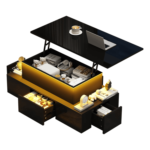 Mesa de centro elevável 100x50x40 cm - 4 gavetas, com LED, com arrumação, Preto Mesa de centro elevável 100x50x40 cm - 4 gavetas, com LED, com arrumação, Preto
