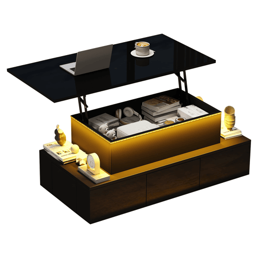 Mesa de centro elevável 100x50x40 cm - 4 gavetas, com LED, com arrumação, Preto Mesa de centro elevável 100x50x40 cm - 4 gavetas, com LED, com arrumação, Preto