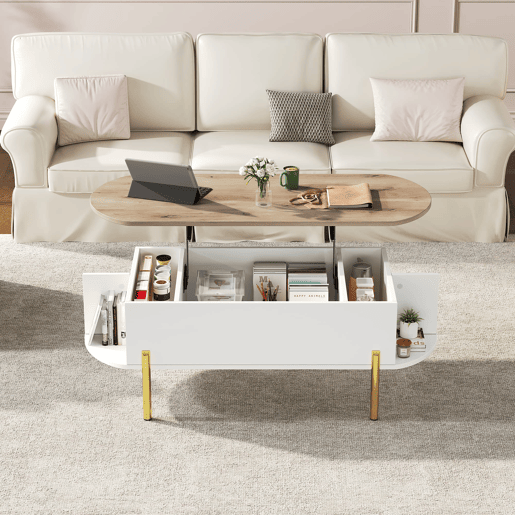 Mesa de centro 120x50x43 cm - Mesa elevável com 7 prateleiras - Cor madeira e branco Mesa de centro 120x50x43 cm - Mesa elevável com 7 prateleiras - Cor madeira e branco