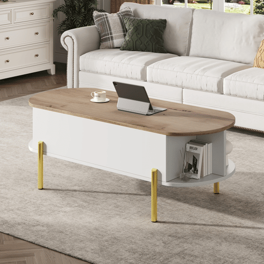 Mesa de centro 120x50x43 cm - Mesa elevável com 7 prateleiras - Cor madeira e branco Mesa de centro 120x50x43 cm - Mesa elevável com 7 prateleiras - Cor madeira e branco