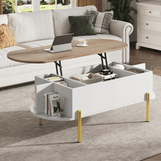 Mesa de centro 120x50x43 cm - Mesa elevável com 7 prateleiras - Cor madeira e branco Mesa de centro 120x50x43 cm - Mesa elevável com 7 prateleiras - Cor madeira e branco
