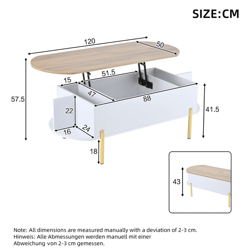 Mesa de centro 120x50x43 cm - Mesa elevável com 7 prateleiras - Cor madeira e branco Mesa de centro 120x50x43 cm - Mesa elevável com 7 prateleiras - Cor madeira e branco