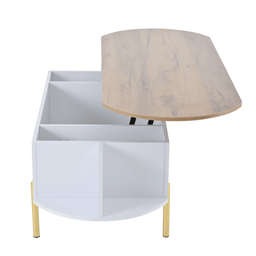 Mesa de centro 120x50x43 cm - Mesa elevável com 7 prateleiras - Cor madeira e branco Mesa de centro 120x50x43 cm - Mesa elevável com 7 prateleiras - Cor madeira e branco