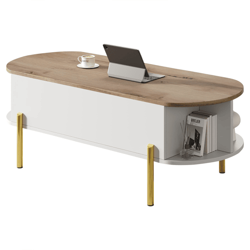 Mesa de centro 120x50x43 cm - Mesa elevável com 7 prateleiras - Cor madeira e branco Mesa de centro 120x50x43 cm - Mesa elevável com 7 prateleiras - Cor madeira e branco