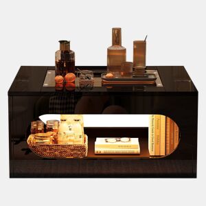 Mesa de centro quadrada 70x70x35 cm - Mesa de sala com vidro temperado, LED, abertura central - Preto