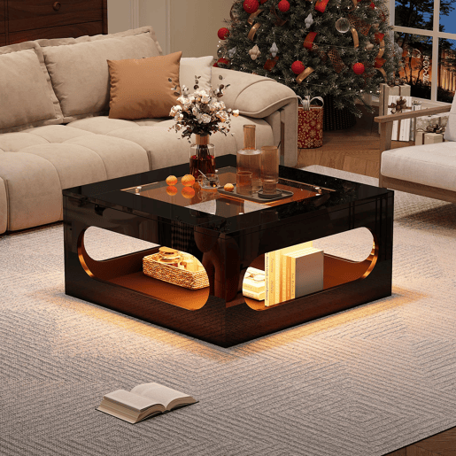 Mesa de centro quadrada 70x70x35 cm - Mesa de sala com vidro temperado, LED, abertura central - Preto