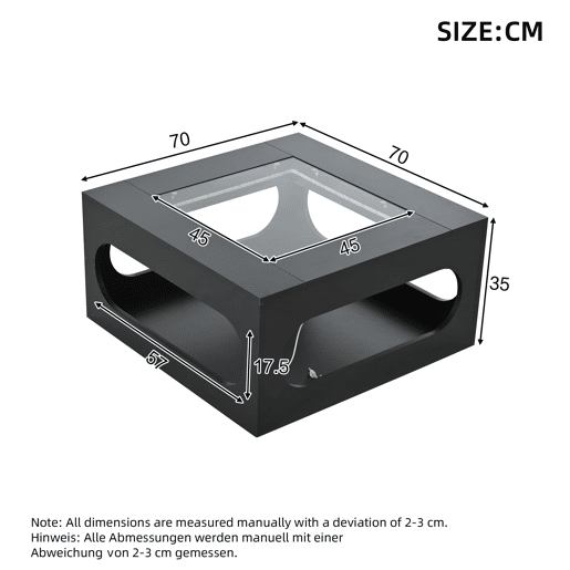 Mesa de centro quadrada 70x70x35 cm - Mesa de sala com vidro temperado, LED, abertura central - Preto