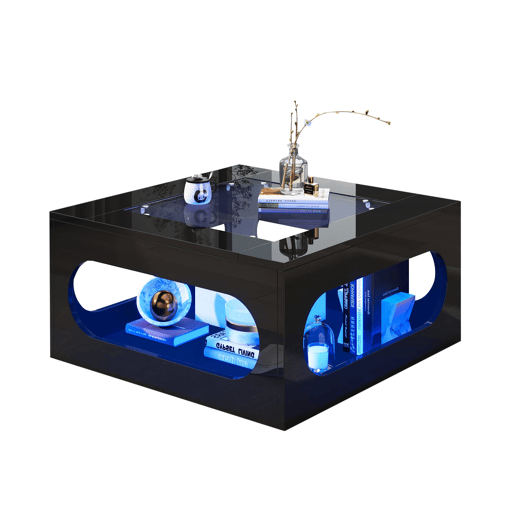 Mesa de centro quadrada 70x70x35 cm - Mesa de sala com vidro temperado, LED, abertura central - Preto
