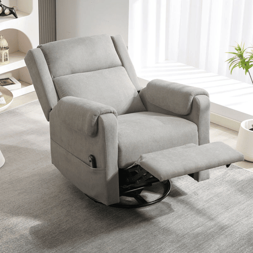 HOMCOM Poltrona Relax Reclinável Elétrica Giratória e Basculante com Apoio para os Pés Ajustável Controlo Remoto Acolchoamento Espesso Tecido Chenille para Quarto Sala de Estar 86x89x99 cm Cinzento Claro