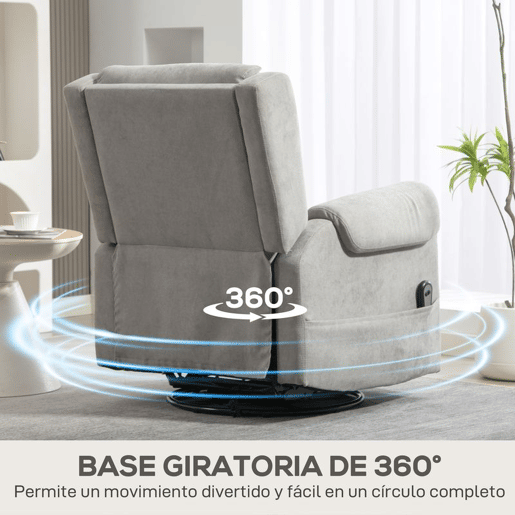 HOMCOM Poltrona Relax Reclinável Elétrica Giratória e Basculante com Apoio para os Pés Ajustável Controlo Remoto Acolchoamento Espesso Tecido Chenille para Quarto Sala de Estar 86x89x99 cm Cinzento Claro