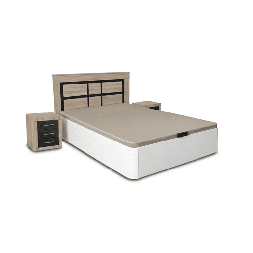 Conjunto de cama box branca de 135 cm + cabeceira e 2 mesas de cabeceira em Cambria e Grafite