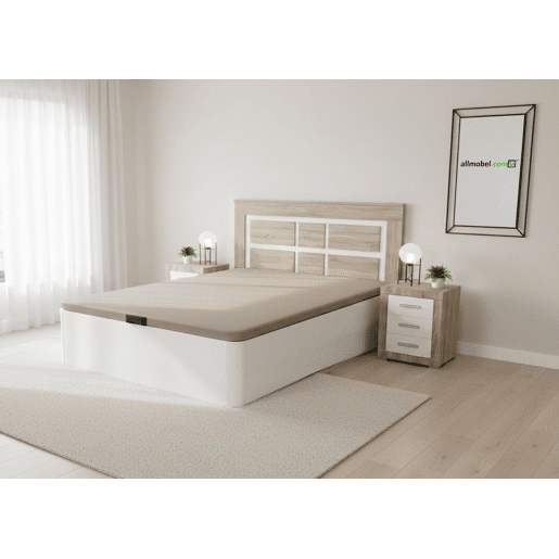 Conjunto de cama box branca de 135 cm + cabeceira e 2 mesas de cabeceira em Cambria e Grafite