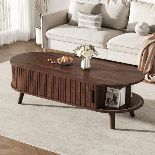 Mesa de centro elevável 120x50x39,5 cm - com 5 prateleiras e arrumação oculta - Nogueira Mesa de centro elevável 120x50x39,5 cm - com 5 prateleiras e arrumação oculta - Nogueira