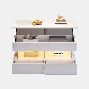 Mesa de centro elevável 100x50x46 cm - Sofá com mesa ajustável, arrumação oculta, LED, 2 gavetas - Branco