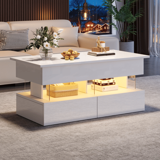 Mesa de centro elevável 100x50x46 cm - Sofá com mesa ajustável, arrumação oculta, LED, 2 gavetas - Branco Mesa de centro elevável 100x50x46 cm - Sofá com mesa ajustável, arrumação oculta, LED, 2 gavetas - Branco