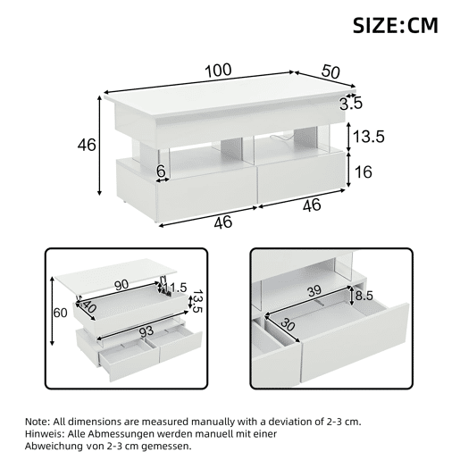 Mesa de centro elevável 100x50x46 cm - Sofá com mesa ajustável, arrumação oculta, LED, 2 gavetas - Branco Mesa de centro elevável 100x50x46 cm - Sofá com mesa ajustável, arrumação oculta, LED, 2 gavetas - Branco