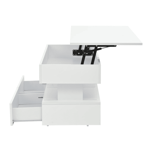 Mesa de centro elevável 100x50x46 cm - Sofá com mesa ajustável, arrumação oculta, LED, 2 gavetas - Branco Mesa de centro elevável 100x50x46 cm - Sofá com mesa ajustável, arrumação oculta, LED, 2 gavetas - Branco