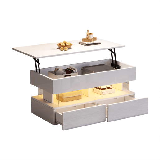 Mesa de centro elevável 100x50x46 cm - Sofá com mesa ajustável, arrumação oculta, LED, 2 gavetas - Branco Mesa de centro elevável 100x50x46 cm - Sofá com mesa ajustável, arrumação oculta, LED, 2 gavetas - Branco