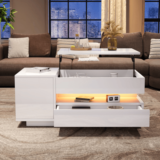 Mesa de centro elevável 95x50x40 cm - com LED, 1 gaveta, 1 armário, arrumação oculta - Branco