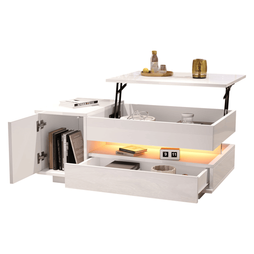 Mesa de centro elevável 95x50x40 cm - com LED, 1 gaveta, 1 armário, arrumação oculta - Branco