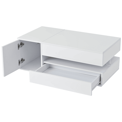 Mesa de centro elevável 95x50x40 cm - com LED, 1 gaveta, 1 armário, arrumação oculta - Branco