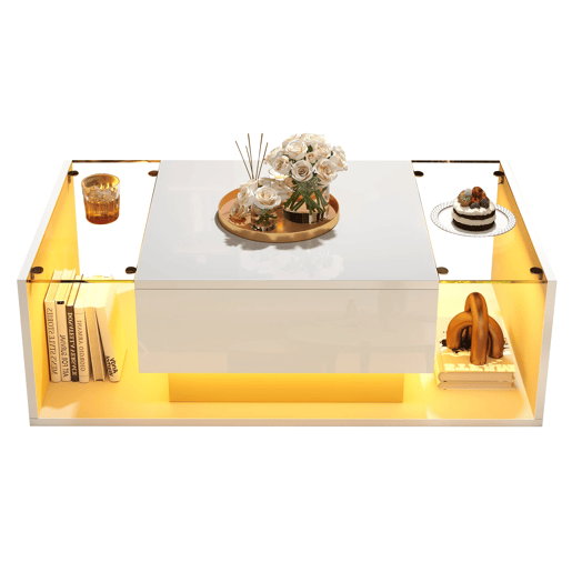 Mesa de centro 100x50x31 cm - Mesa de café com 1 gaveta e luz LED - Branca