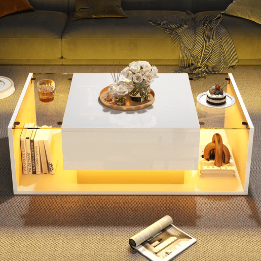 Mesa de centro 100x50x31 cm - Mesa de café com 1 gaveta e luz LED - Branca